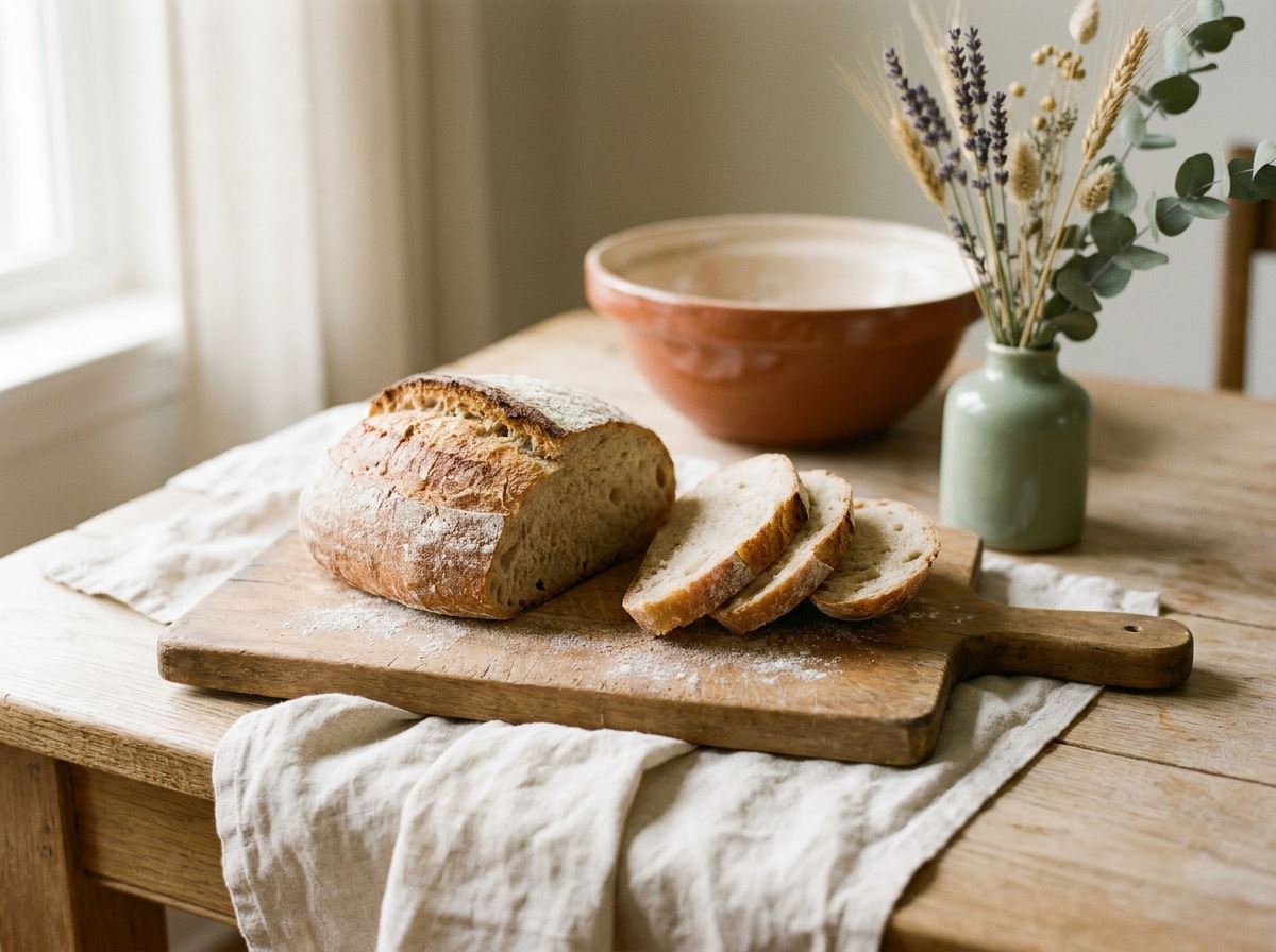 Frisch gebackenes Brot, angeschnitten auf einem Holzbrett